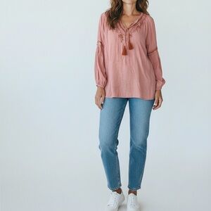 [XL]Knox Rose Dusty Pink Embroidery Tassel Tie LS Blouse Top